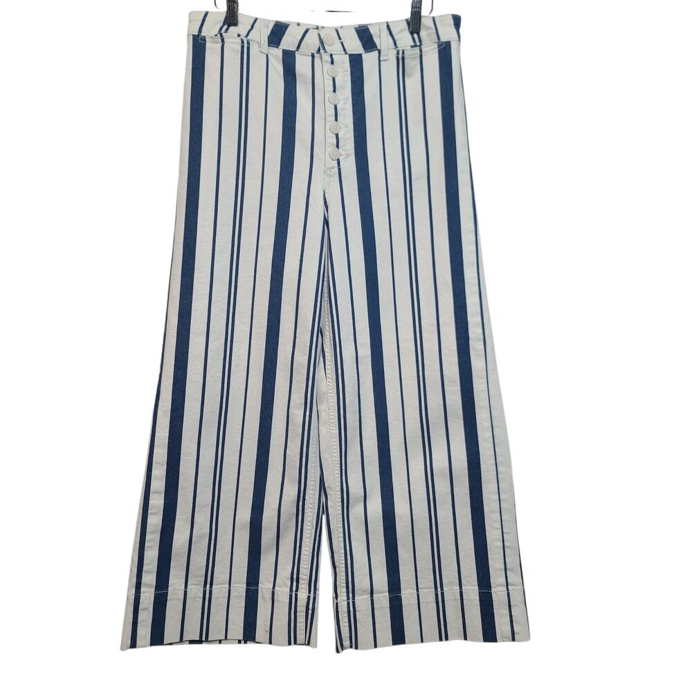 Anthropologie Capitaine Blue White Striped Wide Leg Cropped Pants 14